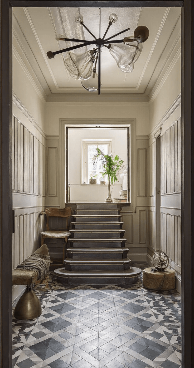 Hal met een gietijzeren trap, vintage messing kapstok, maatwerk schoenenkast met gefloteerd glas, geometrische grijs/witte vloertegels, en kunstobjecten verlicht met warm accent licht, in een modern-klassieke stijl met art deco elementen.