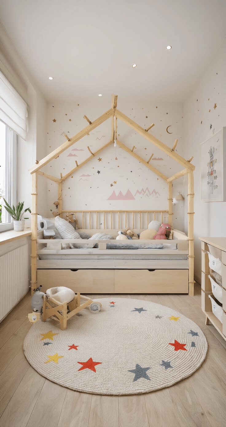 Kinderkamer van 4x4m in zachte pasteltinten met een verhoogd bed en speelruimte eronder, wandrekken met bamboe opbergmanden, een rond vloerkleed met sterrenpatroon, en Scandinavische speelsheid in een natuurlijk verlichte omgeving met LED-accenten.