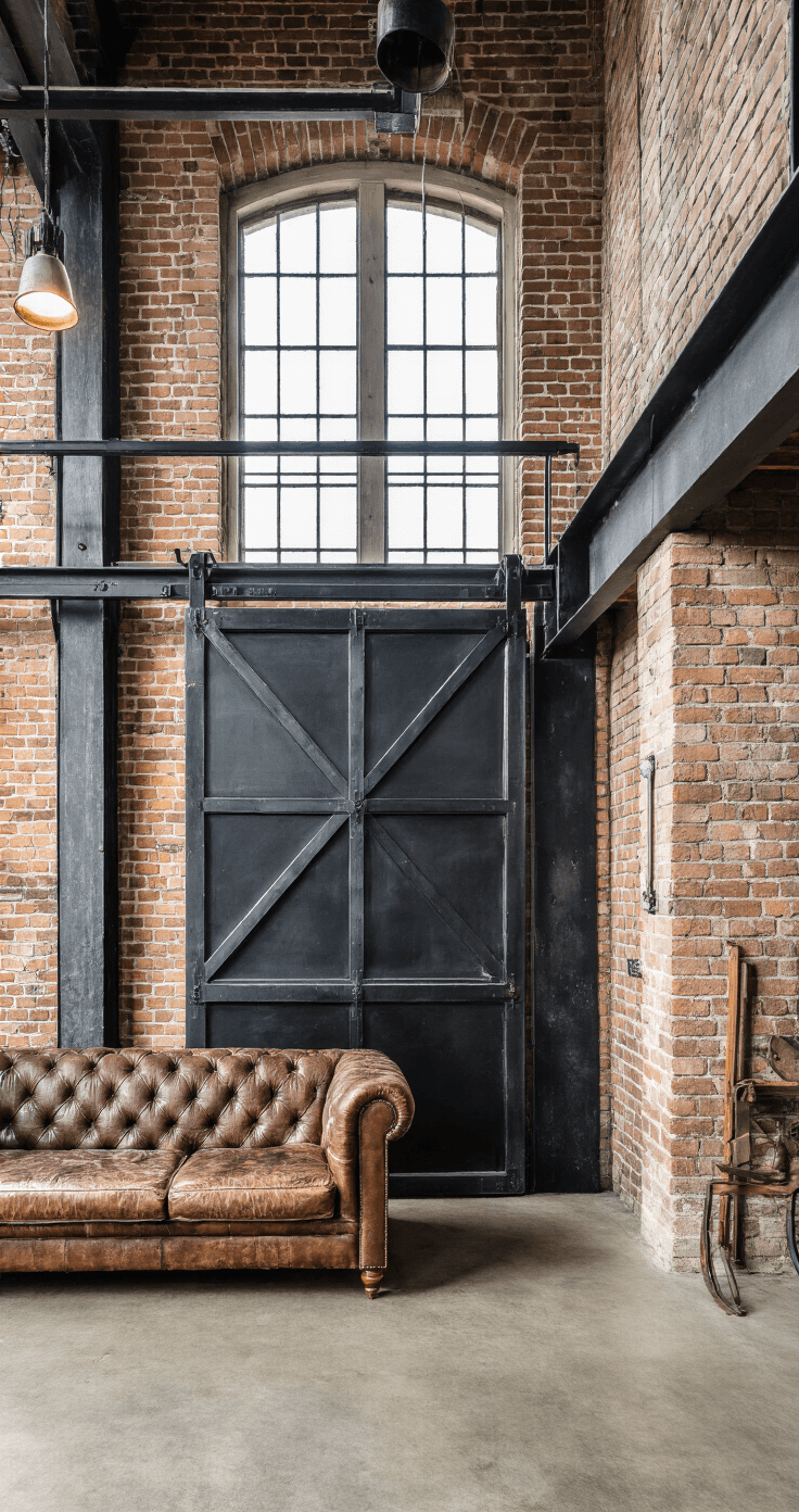 Een ruimten industriële woonkamer met hoge plafonds, zwarte stalen schuifdeur en vintage leren bank, verlicht door warm zonlicht.