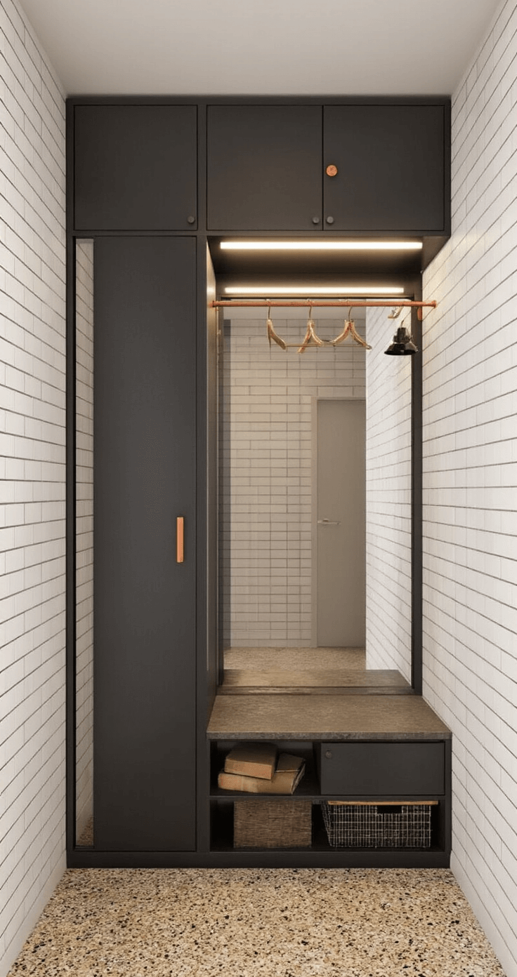 Compacte hal-garderobe met industriële kastdeur op rail, zwart metalen deur met spiegelpanelen, terrazzo vloer, koperen kapstokdetails en ingebouwde LED spots. Ochtendlicht valt door het bovenlicht, warme reflecties in de spiegels. Modern-industrieel design met warme accenten.