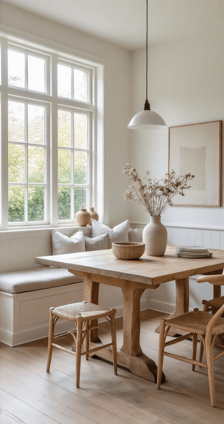 Ruime, lichte eetkamer met grote ramen en ochtendlicht. Centraal een zelfgemaakte houten eetkamerbank met grijze kussens tegen een witte muur, naast een massief eiken eettafel. Natuurlijke accessoires zoals rieten manden en een vaas met droogbloemen.