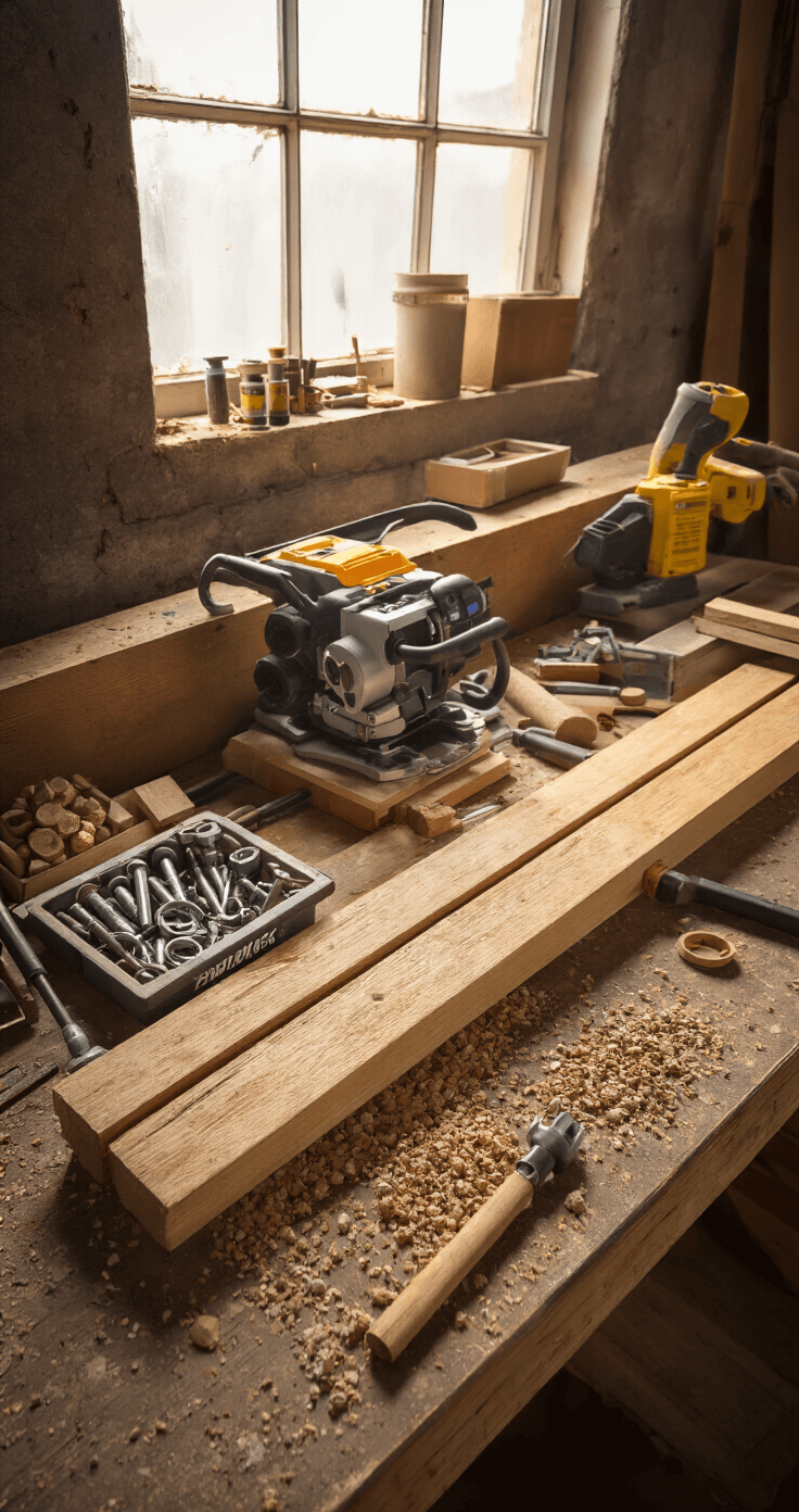 Close-up van een robuuste werkplek voor bankbouw, met een houten werkbank vol gereedschap zoals een accuboormachine, schroeven, houtlijm en schuurpapier, verlicht door warm strijklicht vanuit een hoog raam.