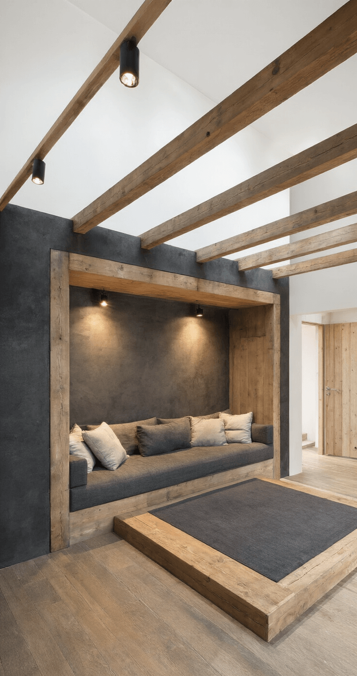 Moderne industriële woonkamer met op maat gemaakte nisbank, blootliggende vurenhouten dwarsbalken met matzwarte beits, antraciet velours kussens, betonlook muren en warm houten elementen, avondscène met gerichte spotverlichting, vastgelegd vanuit een hoek met dramatische schaduwwerking.