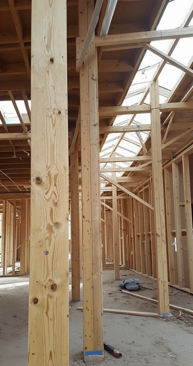 Detailopname van bankpoten in aanbouw met massieve steigerhouten staanders, verzinkte schroeven en professionele houtverbindingen, verlicht door natuurlijk zijlicht.