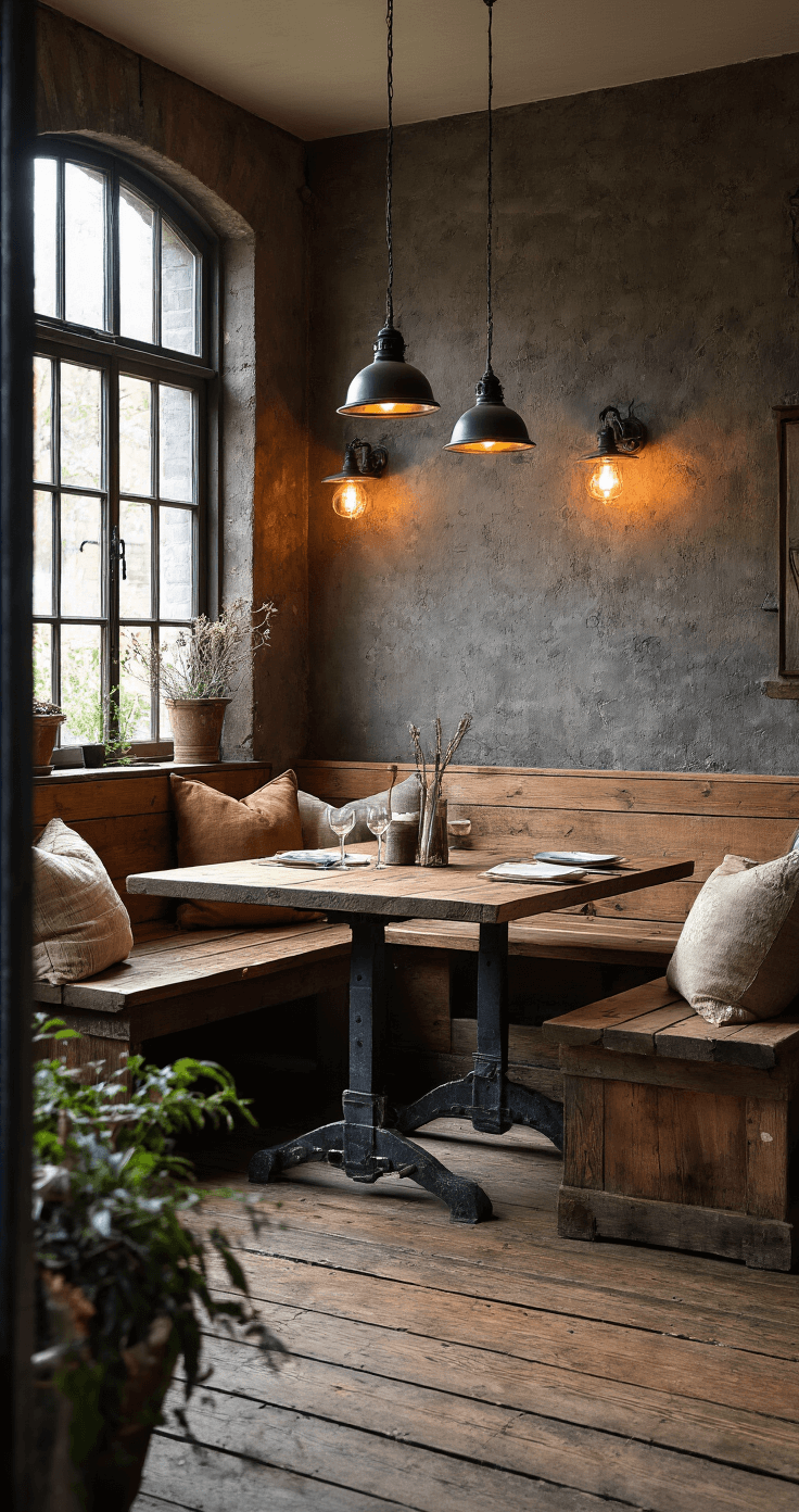 Authentieke eethoek met bank-tafelcombinatie van verouderd steigerhout, vintage stoelen, handgeweven kussens en sfeervol avondlicht van industriële wandlampen, vastgelegd in diagonaal perspectief met voorgrondvervaging.