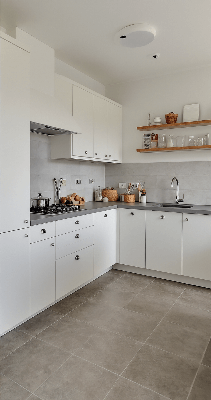 Moderne keuken met matte witte kastfronten en kindersloten, verhoogd fornuis met kookplaatbeveiliging en afgeronde lichtgrijze composiet werkbladen. Kindveilige lades en hooggeplaatste vergrendelde kasten voor schoonmaakproducten. Opgenomen vanuit een tegenoverliggend aanrecht met diffusie van natuurlijk licht, praktische maar stijlvolle sfeer.