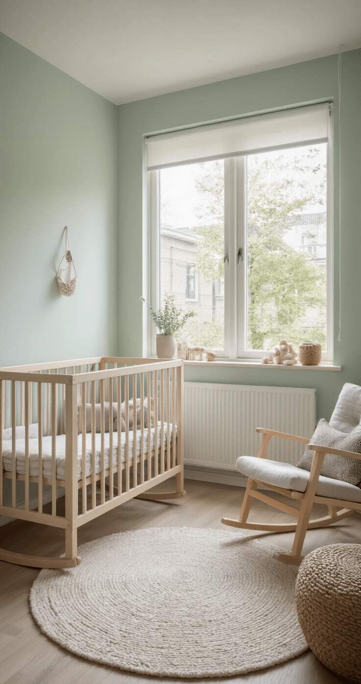 Rustige babykamer met zachte mintkleurige muren, een veilige babybox, ergonomische schommelstoel bij het raam, afgedekte stopcontacten en een lage commode met veiligheidsrail. Sereen en veilig met zachte indirecte verlichting.