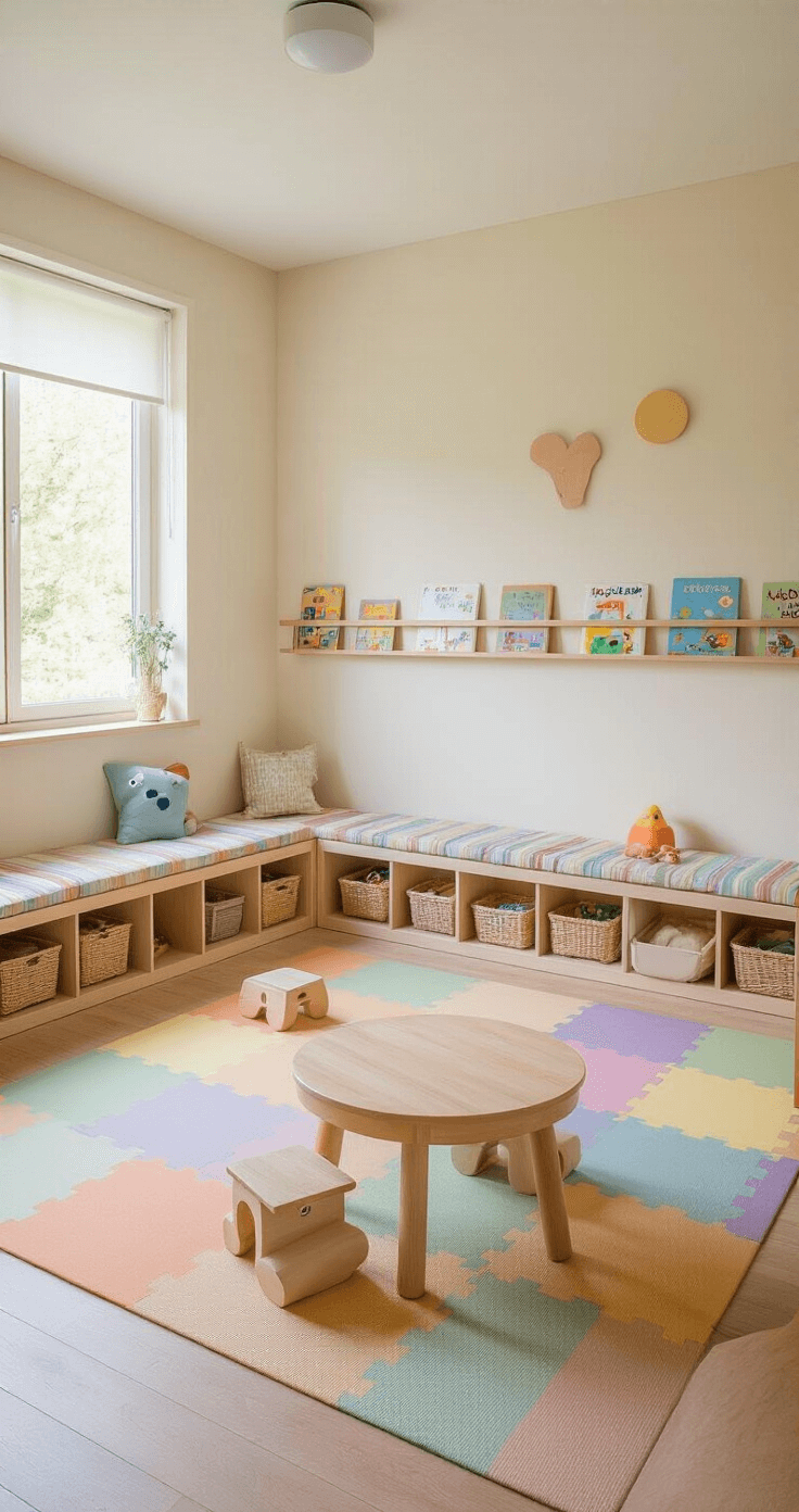 Multifunctionele speelhoek van 3x4m met pastelkleurige speelmat, lage opbergmeubels aan de muur, ronde houten speeltafel met zachte stoeltjes, en wandrekken met kinderboeken buiten bereik. Natuurlijk materiaal, alles georganiseerde sfeer, vastgelegd op kinderhoogte in helder daglicht.
