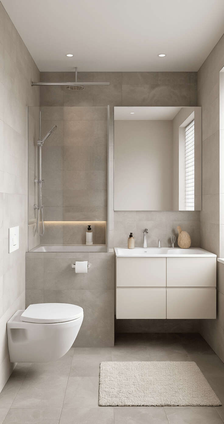 Een kindveilige badkamer van 3x3 meter in ochtendlicht met anti-slip tegels in warme grijstint, een afgeronde wastafel op kinderhoogte, weggewerkte toiletartikelen, een zachte badmat, en thermostaat kranen. De kastjes zijn kindveilig en zacht wit. Het beeld is genomen vanuit de deuropening met nadruk op veilige zones, verlicht door diffuus licht en waterbestendige spots, met een frisse en beschermende sfeer.