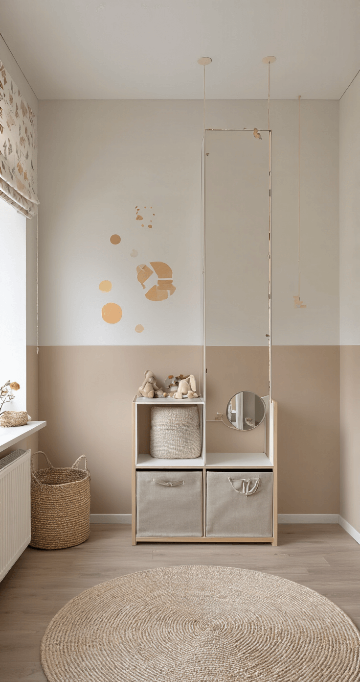 Interieur van een babyproof entreehal met zachte wandbekleding, een lage schoenenkast met afgeronde hoeken, en een spiegelwand met veiligheidsfolie. Er zijn opbergvakken buiten het bereik van kinderen en een wasbare vloermat in taupe. De sfeer is warm en verwelkomend met indirect licht. Gezien vanuit de voordeur met doorkijk naar de woonkamer.