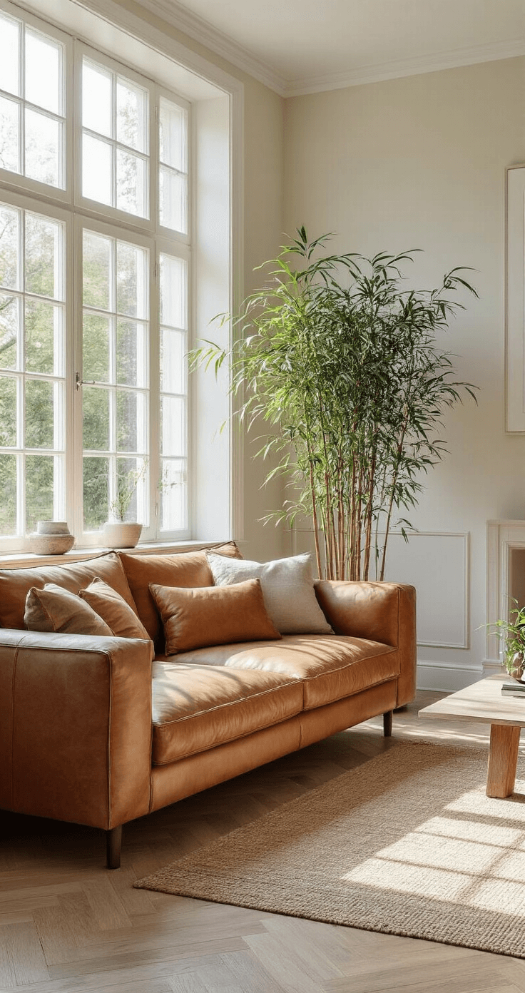 Moderne woonkamer met grote raampartij en zichtbaar Fargesia bamboe, ochtendlicht dat binnenvalt, Scandinavisch interieur met licht eiken vloer, crèmewitte muren en cognackleurige leren bank, met zachte schaduwen op betonnen plantenbak.