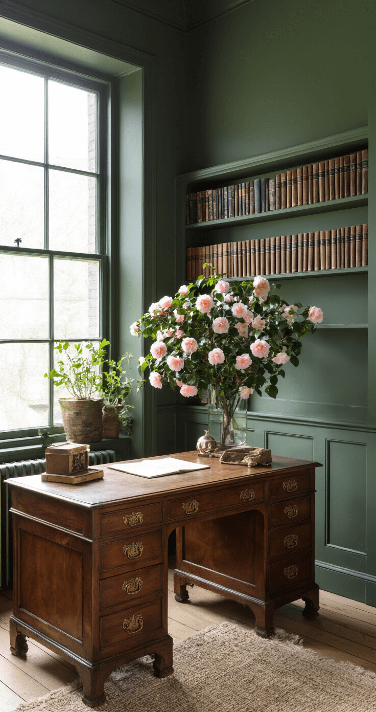 Intieme studeerkamer met ingebouwde boekenkast, bloeiende Camellia voor het raam, warm namiddaglicht, donkergroene muren, vintage mahoniehouten bureau met messing details, gefotografeerd vanaf deuropening.