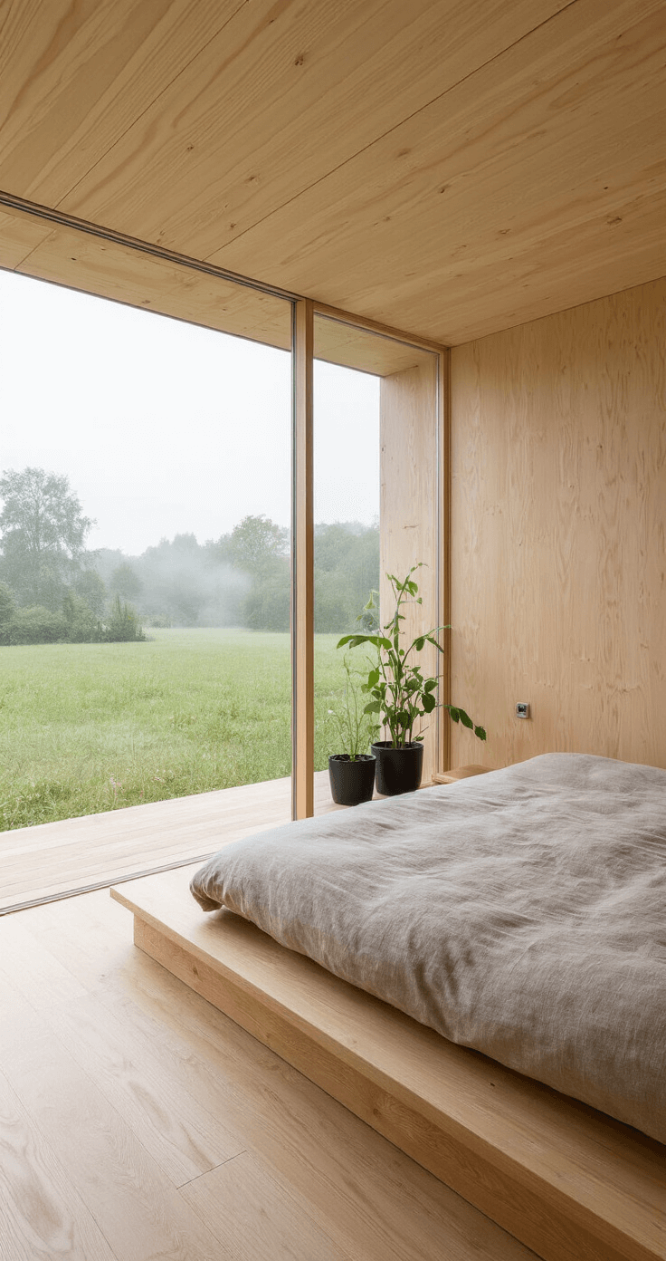 Minimalistische slaapkamer met verhoogd bed platform, Japanse Zegge in zwarte potten langs glazen schuifpui, ochtendnevel buiten en diffuus licht, zandkleurig linnen beddengoed en geborsteld eiken wandpanelen, vanuit vogelperspectief genomen.