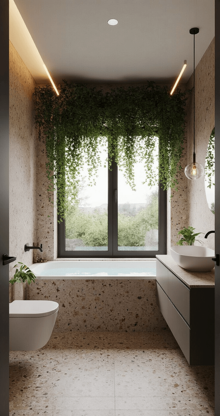 Luxe badkamer met vide en hangende Maagdenpalm, indirect LED-licht in avondsetting, warmgrijze terrazzo vloer, matzwarte kranen en vrijstaand ovaal bad, gefotografeerd op ooghoogte.