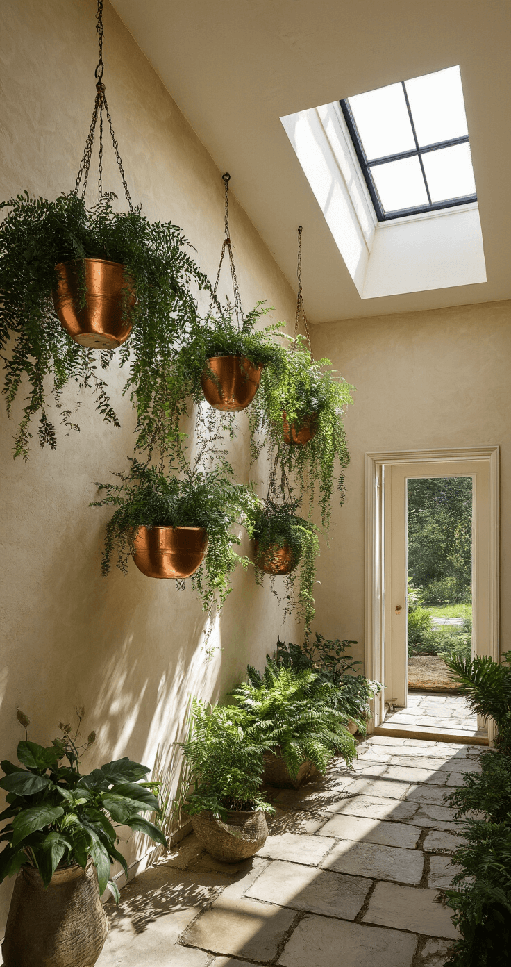 Ruime entreehal met vide, gevuld met varens in koperen hangpotten, verlicht door middaglicht van een dakraam. Dramatische schaduwen vallen op de natuurstenen vloer en beige kalkpleister wanden. Gezicht vanuit kikvorsperspectief voor een dramatisch effect.