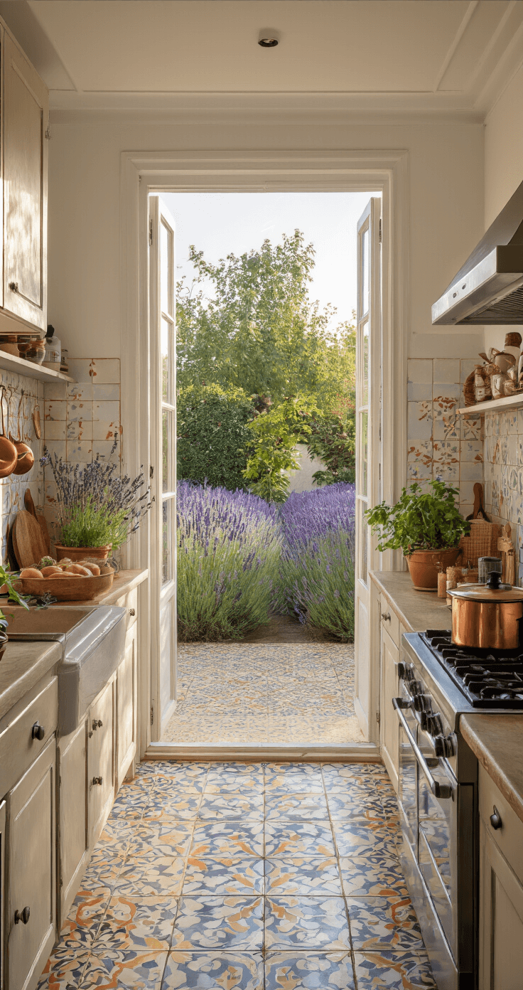Mediterrane keuken van 5x7 meter met kruidentuin en zicht op lavendel door openslaande deuren, verlicht door gouden avondlicht. Nederlandse Portugese tegels, terrazzo werkblad en een koperen pannenrek zijn zichtbaar. Gefotografeerd vanuit een hoek met een 50mm lens voor een intieme sfeer.