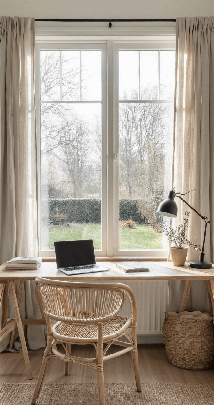 Serene thuiswerkplek met winterse heidetuin zichtbaar door erkerraam, ochtendvorst en kristalhelder licht, licht grenen bureau, linnen gordijnen en rotan details. Foto genomen op bureauniveau met ondiepe scherptediepte.