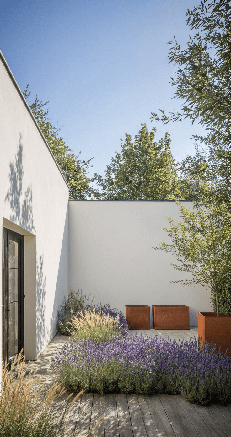 Moderne geveltuin in de stad met lavendel en wilde marjolein, terracotta potten, en natuurlijke materialen, verlicht door de warme namiddagzon.