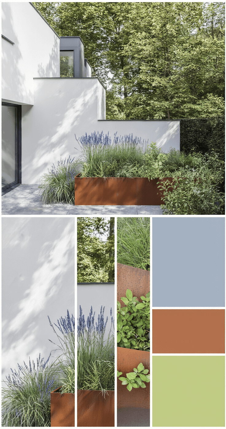 Architectonische geveltuin met moderne cortenstaal plantenbakken, waarin blauw schapengras en organische plantengroei contrasteren met een minimalistische witte gevel, in een kleurenpalet van grijsblauw, roestoranje en limoengroen.