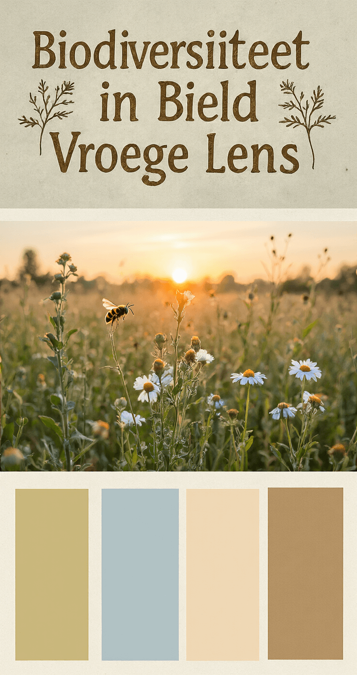 Biodiversiteit met wilde marjolein en kamille in de vroege ochtendzon, bijen die zich voeden, vintage zink plantenbakken met patina, handgemaakte insectenhotels, kleurenpalet van honingkleur, pastelblauw en crèmewit, zachte bokeh voor een dromerige sfeer.