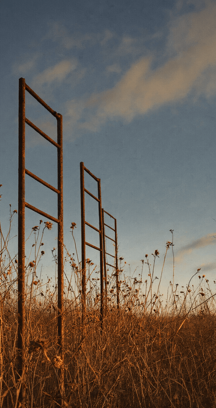 Herfstbeeld met uitgebloeide stokrozen en siergrassen in dramatisch avondlicht, omlijst door roestige metalen klimrekken en verweerde houten elementen. Kleurenpalet van amber, bordeauxrood en brons benadrukt de vergankelijkheid en textuur van de scène.