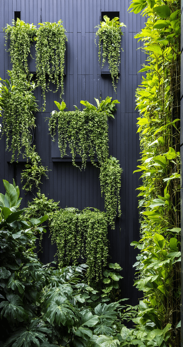 Een stedelijke jungle met moderne zwarte gevelpanelen, verticale begroeiing en industriële elementen zoals stalen kabels en betonnen plantenbakken. Een mix van exotische en inheemse planten in antraciet, junglegroen en terracotta kleuren.