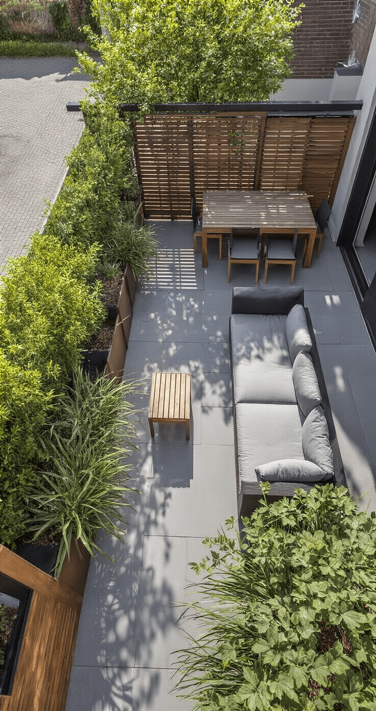Lente Tuintips: Transformeer Je Tuin in een Groene Oase Bovenaanzicht van een moderne stadstuin met een compact terras van antracietgrijze tegels, geometrische schaduwen van een pergola en minimalistische cortenstaal plantenbakken gevuld met siergrassen. Zwarte tuinset met lichtgrijze kussens en een verticale tuinwand met modulaire plantvakken. Kleurenpalet in warmgrijs, roestbruin en zilvergroen, onder heldere belichting. Sfeer is urban-zen.