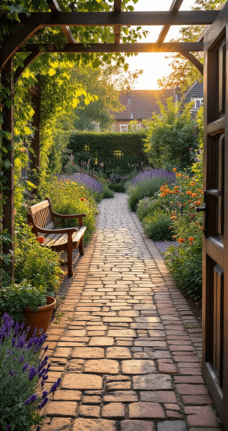 Lente Tuintips: Transformeer Je Tuin in een Groene Oase Traditionele bloementuin tijdens het gouden uur, met een kronkelend pad van gebakken klinkers, verlichte borders vol vaste planten en een klassieke houten tuinbank onder een pergola met klimrozen, omringd door vers gemaaide gazonranden en terracotta potten met lavendel, in een romantisch-nostalgische sfeer.