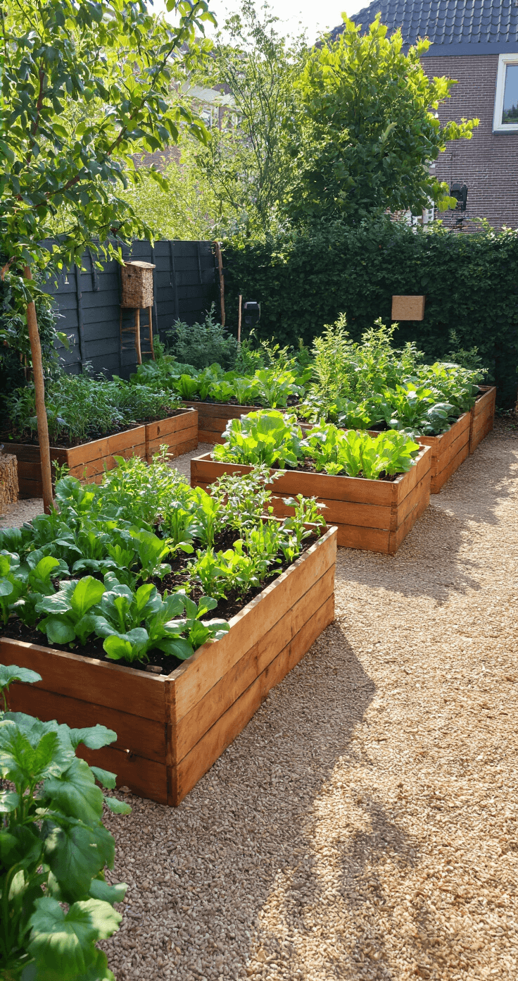 Lente Tuintips: Transformeer Je Tuin in een Groene Oase Een eco-vriendelijke moestuin in namiddaglicht met L-vormige verhoogde bedden, gerecyclede pallets als compostsysteem, en een insectenhotel op de zuidmuur. Biologische groentebedden met rijpe gewassen, verlichting die de structuur accentueert, en een kleurenpalet van groentinten, bruin houtwerk en terra borders.