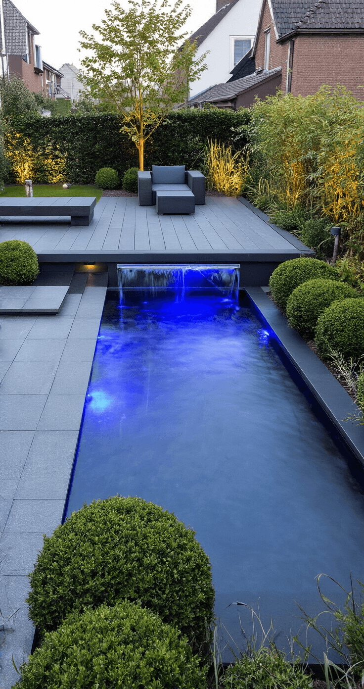 Lente Tuintips: Transformeer Je Tuin in een Groene Oase Moderne watertuin bij schemering met rechthoekige vijver en minimalistische waterval, blauw-paars schemerlicht reflecterend op het wateroppervlak, omringd door strak gesnoeide buxusbollen en LED-verlichting onder water, met een zwevend vlonderterras van composiet in een diepblauw en antraciet kleurenpalet, vergezeld van limoengroene accenten.