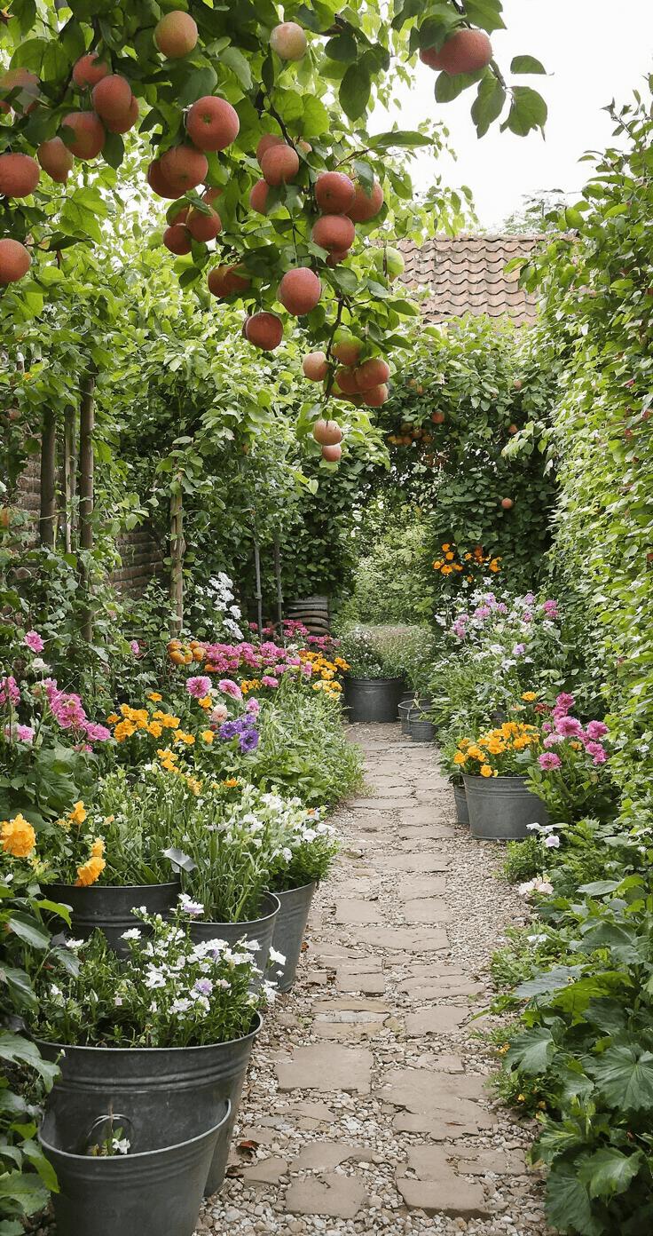 Lente Tuintips: Transformeer Je Tuin in een Groene Oase Een knusse pluktuin met een vierkante indeling, omzoomd door fruitbomen en gevuld met pastelbloemen. Vintage zinken emmers met verse snijbloemen staan tussen bloembedden, met een informele pad van stapstenen. Een oude bakstenen muur met klimfruit accentueert de landelijke-romantische sfeer in het zachte, gefilterde licht.