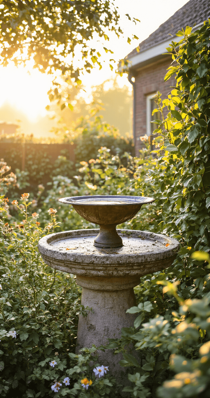 Een gezellige stadstuin met een rustieke vogeldrinkschaal op een stenen sokkel, omgeven door bloeiende maagdenpalm en vlinderstruiken in de ochtendzon, met klimop op de tuinmuren en nestkastjes, gefotografeerd met een zachte bokeh-effect.