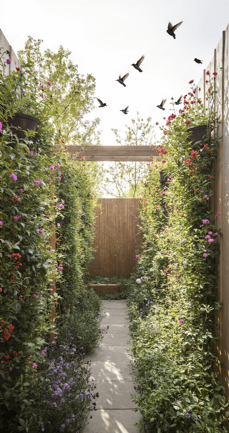Intieme tuinhoek met hangende plantenbakken vol bloeiende verbena en bessenstruiken, verlicht door de late namiddagzon. Een natuurlijke houten voedersilo staat centraal tussen vliegende mussen, vastgelegd vanuit een diagonaal camerastandpunt met dramatische schaduwen van het latwerk. De kleuren zijn diepgroen, burgundy en houtbruin.