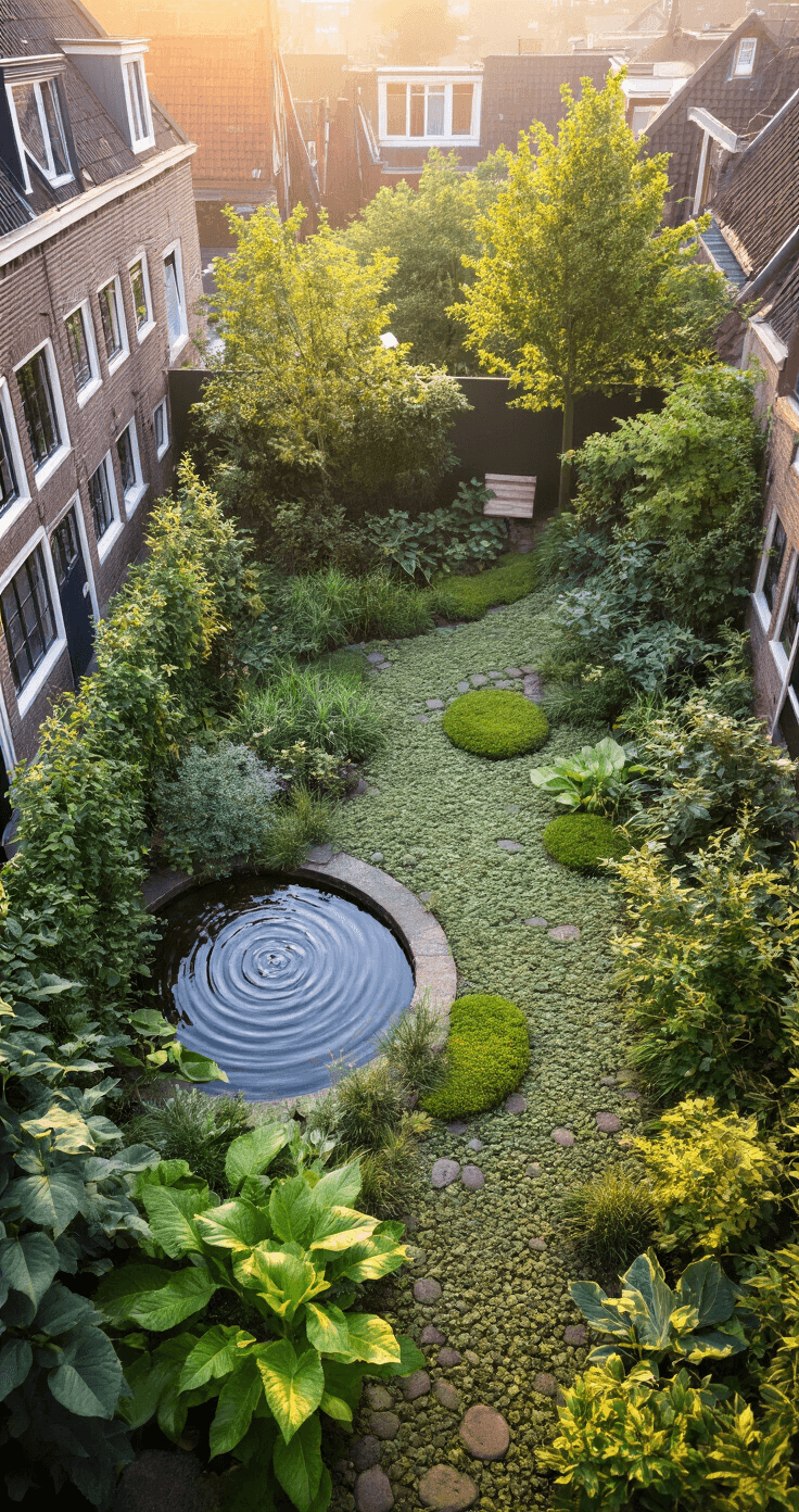 Vogelperspectief van een compacte stadstuin bij zonsopgang met mozaïek van groene zones, bodembedekkers, kleine struiken, en klimplanten rondom een centraal vogelbadje, omgeven door ochtendmist en zachte texturen in koele groentinten met amber accenten.