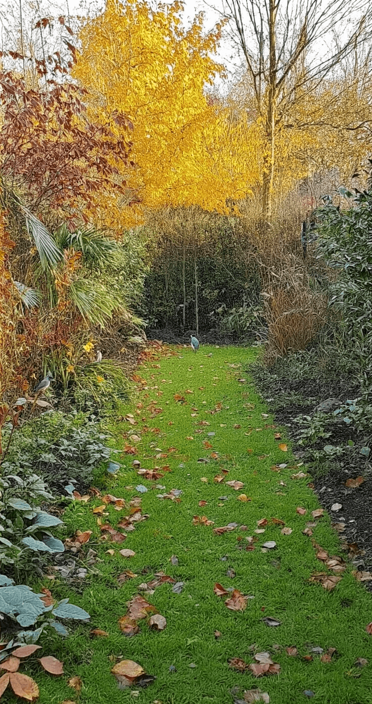Een micro-ecosysteem in een tuinhoek tijdens het gouden uurtje, met een vlinderstruik als middelpunt, omringd door maagdenpalm. Diverse vogels foerageren tussen gevallen herfstbladeren, vastgelegd vanuit een close-up perspectief met ondiepe scherptediepte en warme herfstkleuren zoals amber, roest en saliegroen.