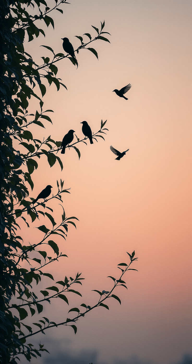 Sfeervolle avondopname van een natuurtuin met vogels silhouetten tegen een zachtroze hemel, klimplanten langs de schutting, en solar tuinlampen die zachte lichtvlekken creëren.