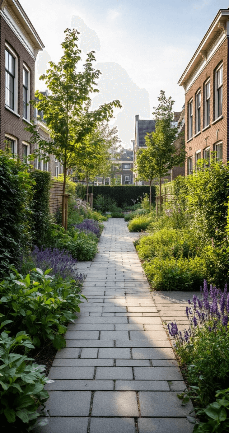 Symmetrische stadstuin met een centraal pad van stapstenen, omringd door verhoogde plantenbedden, in prachtig ochtendlicht.