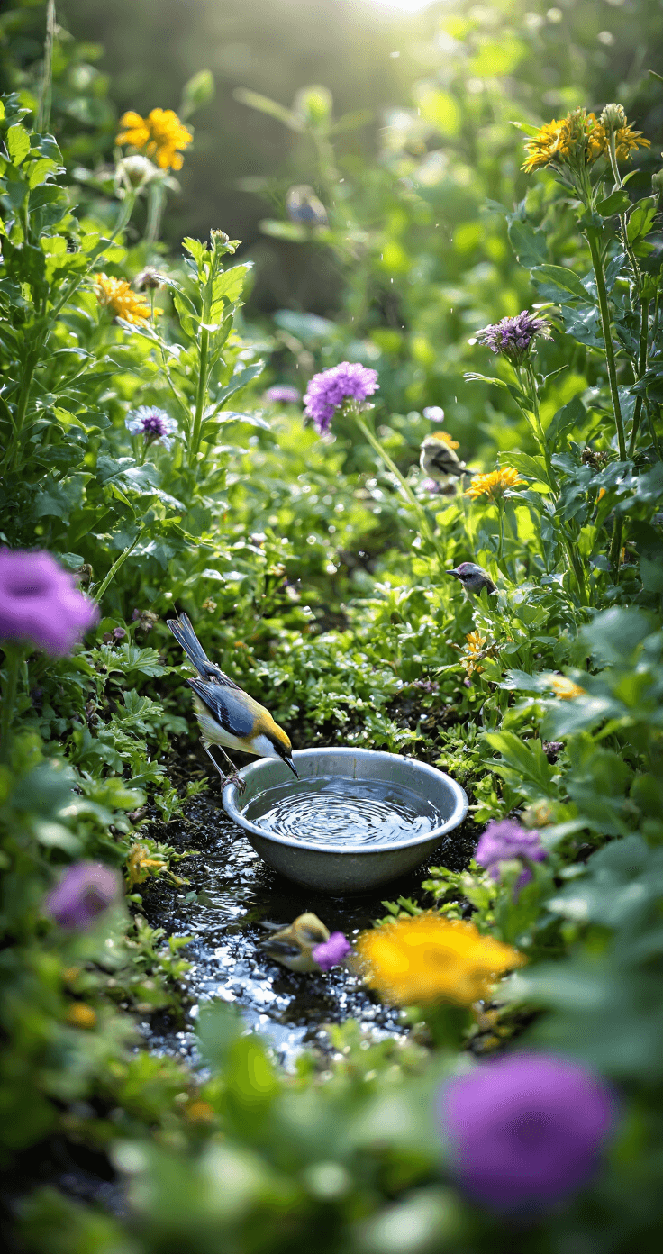 Detailopname van een vogeldrinkschaal omringd door weelderige planten, met waterdruppels en kleine vogels in focus, op een vervaagde groene achtergrond.