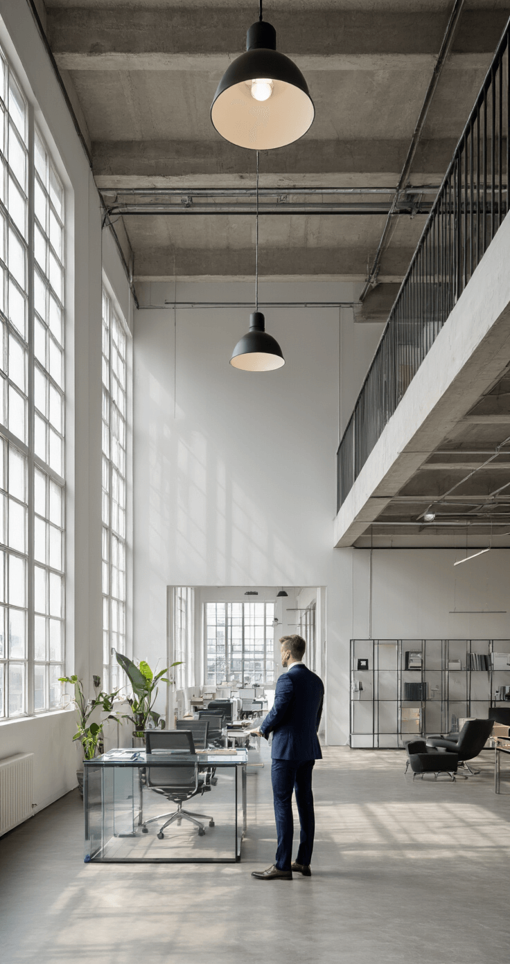 Een professioneel geklede medewerker in een navy business suit staat bij een modern glazen bureau in een ruim, industrieel kantoor met een hoog plafond. Ochtendlicht valt binnen door grote ramen, verlicht de betonnen vloeren en witte muren met stalen accenten, terwijl designlampen extra verlichting bieden.