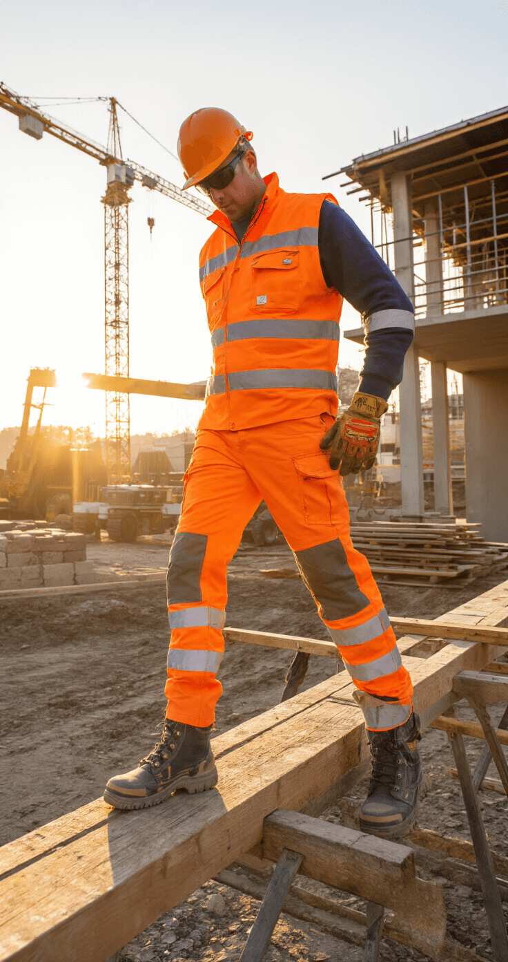 Werknemer in oranje high-vis werkkleding staat op steiger tijdens zonsondergang, met robuuste veiligheidsschoenen, helm en handschoenen. Achtergrond toont bouwmaterialen en machines in warme natuurlijke belichting.