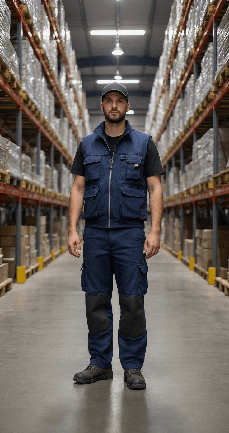 Moderne industriële magazijn met hoge stellingen, verlicht met LED-licht. Een medewerker in praktische werkbroek en functioneel vest sorteert materialen op een betonnen vloer.