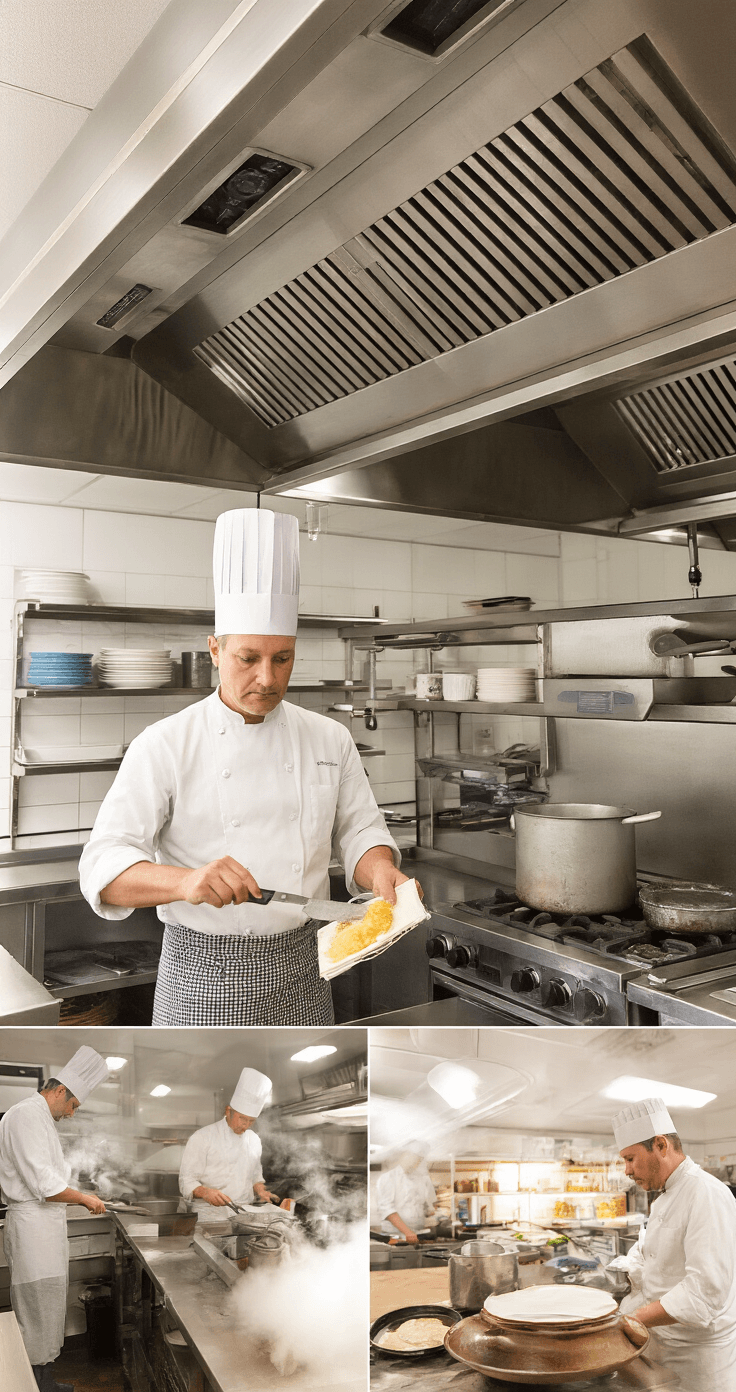 Professionele keuken tijdens lunchservice met een chef in witte koksbuis en geruite broek aan een RVS werkbank, omringd door stoomwolken en moderne apparatuur, vastgelegd vanuit een drie-kwart bovenaanzicht met dramatische verlichting.