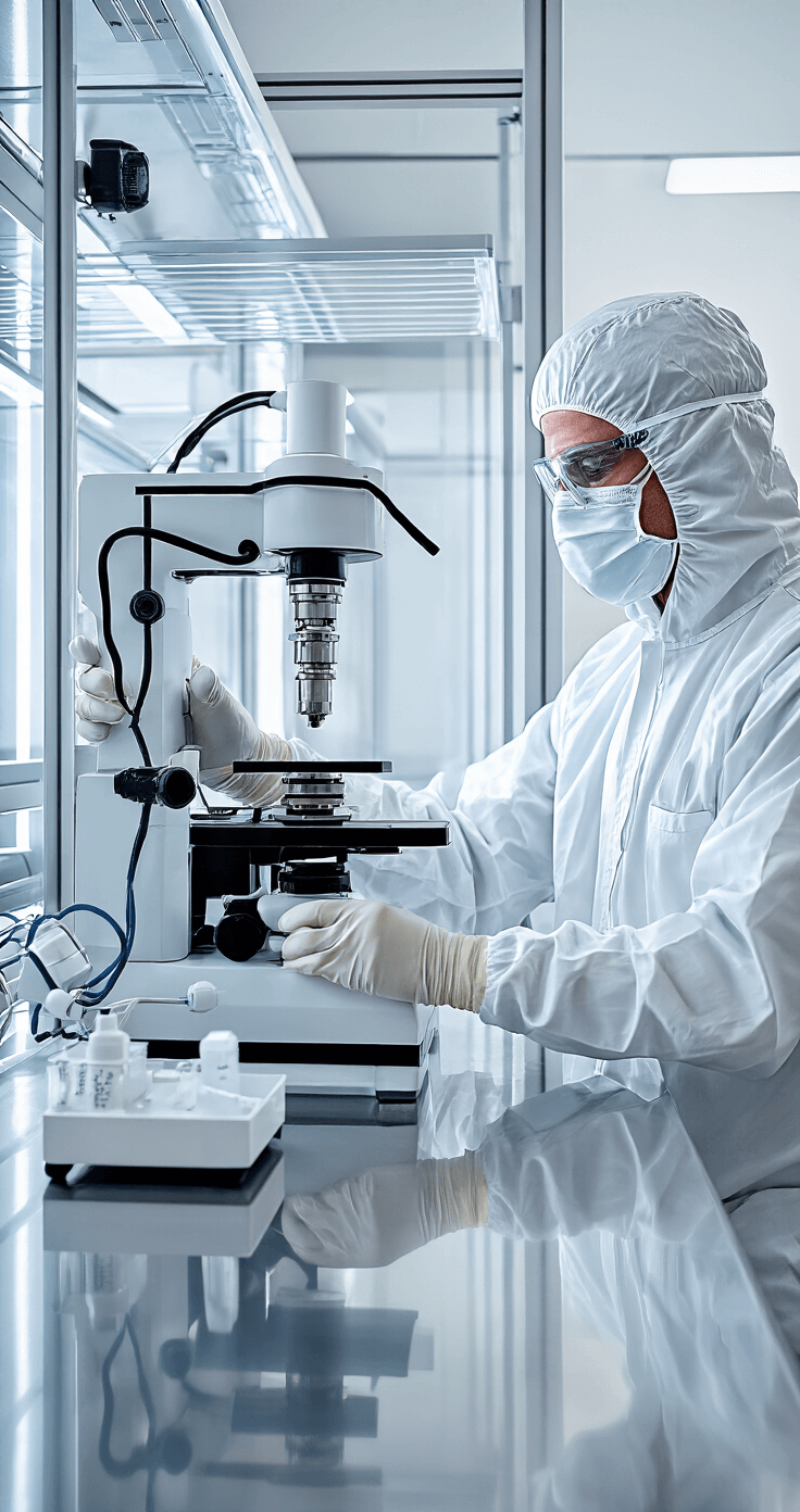 Onderzoeker in beschermend pak werkt met precisie-apparatuur in een steriele laboratoriumomgeving, met glanzende oppervlakken en heldere verlichting.