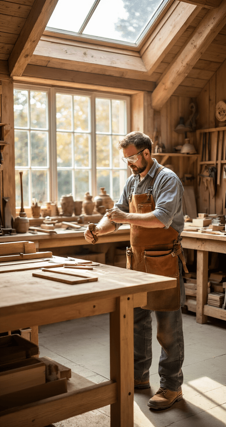 Ambachtelijke werkplaats met houten werkbanken en gereedschapswand, vakman in leer werkschort en duurzame werkbroek, natuurlijk licht door dakraam, sfeervolle belichting.