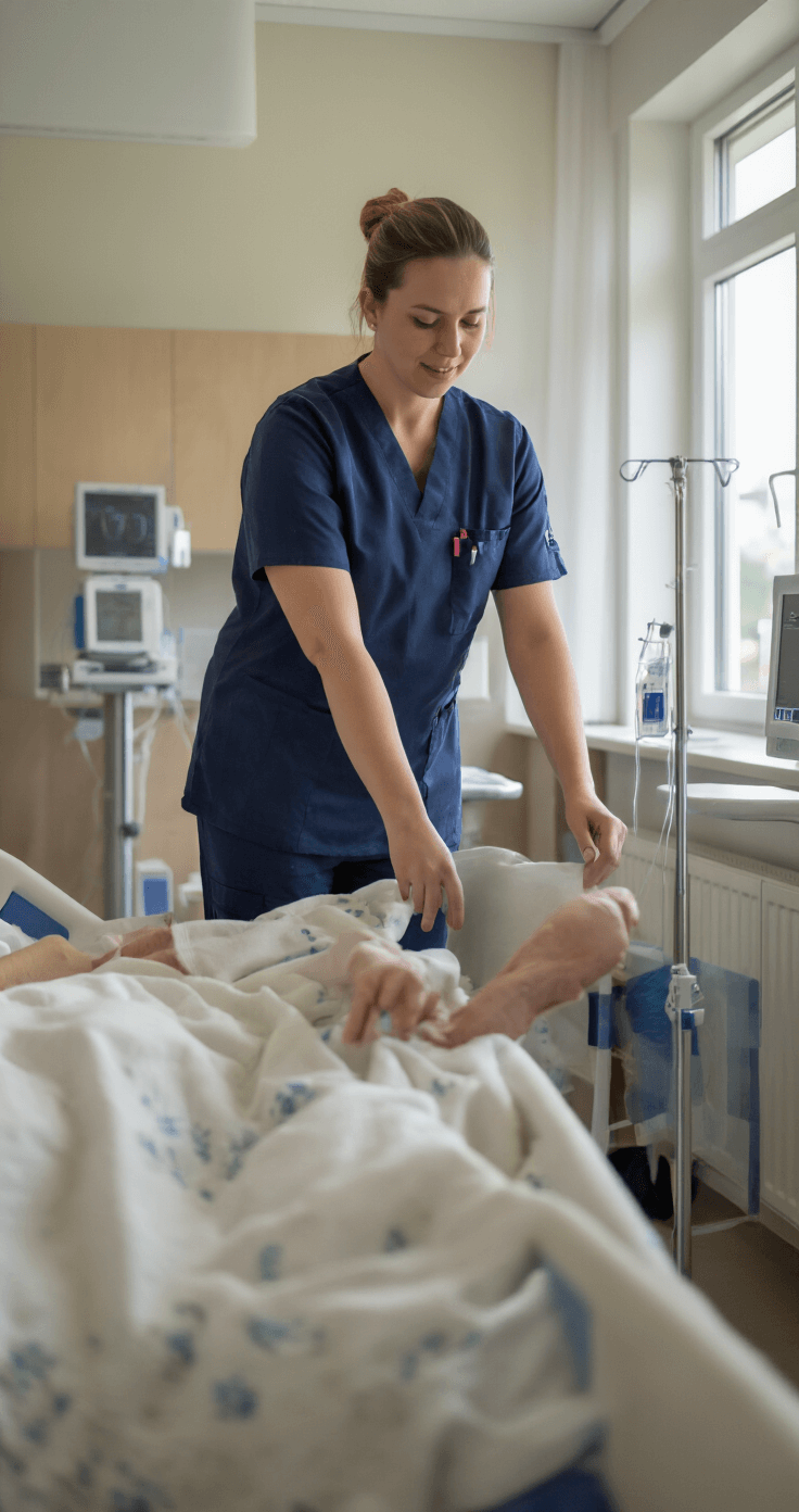 Zorgmedewerker in professioneel uniform assisteert patiënt in lichte, toegankelijke ruimte met subtiele medische apparatuur, gefotografeerd op ooghoogte met zachte, natuurlijke verlichting.