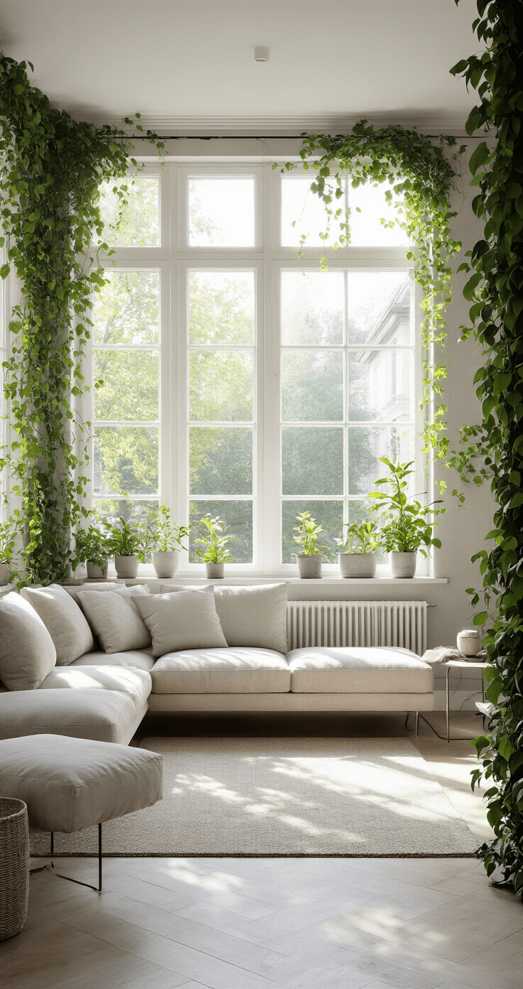 Moderne woonkamer met grote ramen en klimplanten, daglicht schijnt schuin naar binnen, minimalistisch wit meubilair met een ecru linnen designbank, messing vloerlampen en een serene, natuurlijke luxe sfeer.
