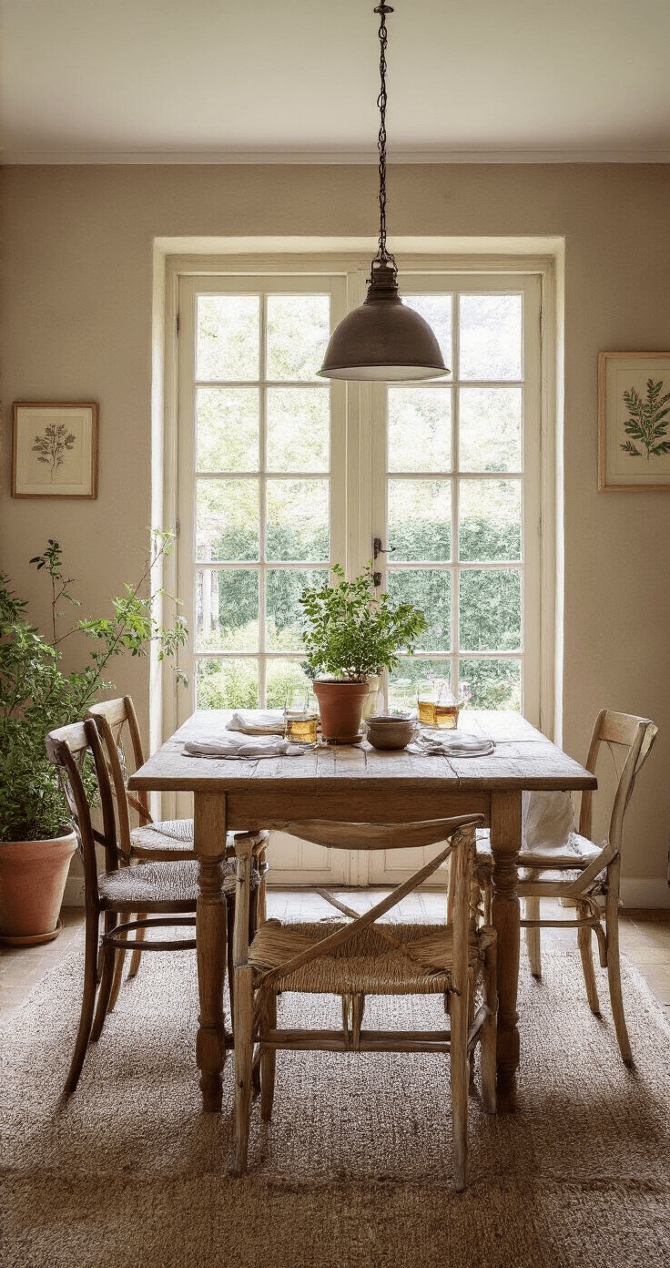 Landelijke eetkamer met openslaande deuren naar een tuin, verlicht door de ochtendzon. Robuuste eikenhouten tafel met linnen servetten en terracotta potten met verse kruiden, omringd door vintage stoelen in groentinten. Smeedijzeren hanglamp boven de tafel en zandkleurige muren met botanische prenten.