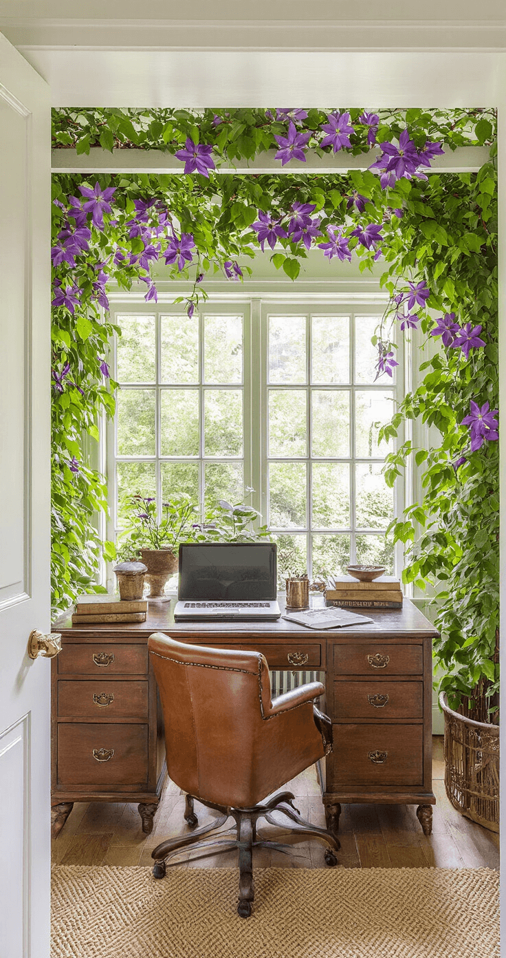 Thuiskantoor met clematis-begroeide pergola zichtbaar door een breed raam, verlicht door de namiddagzon. Vintage bureau van donker notenhout met cognackleurige leren bureaustoel, omringd door koperen accessoires en oude botanische boeken. Paarse clematisbloemen creëren een levendig contrast. Geschoten vanaf bureauniveau, met een intellectuele en romantische sfeer.