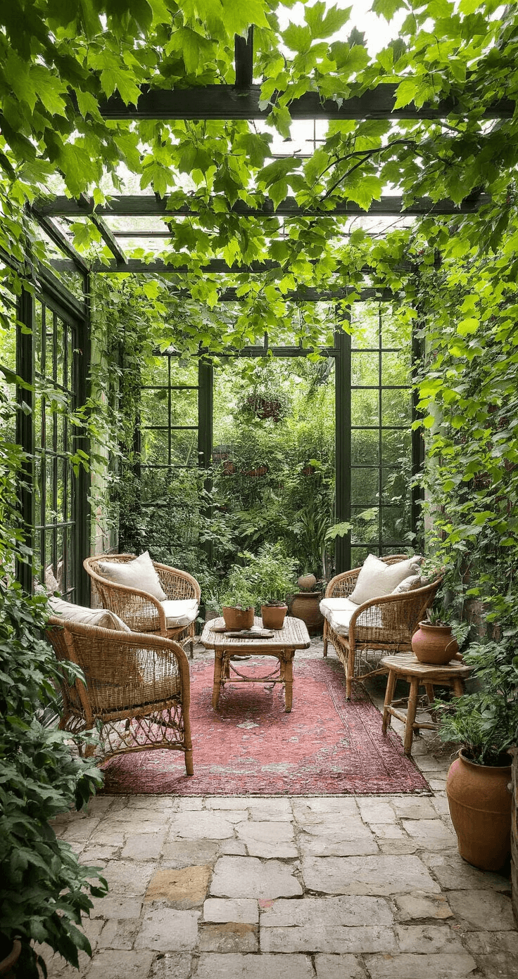 Botanische oase in een serre/tuinkamer, omringd door beukenhagen, met diffuus middaglicht door een melkglazen dak, rotan loungestoelen in saliegroen, terracotta potten met varens en klimop, natuurstenen vloer en een vintage Perzisch tapijt.