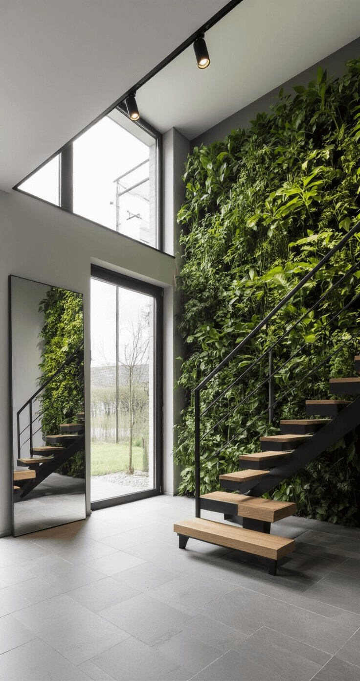 Moderne entreehal met verticale klimplantenwand, zwart stalen trap en eiken treden, minimalistische messing kapstok, grote spiegel en lichtgrijze natuursteen vloer, gefotografeerd vanuit laag standpunt voor architecturale impact.